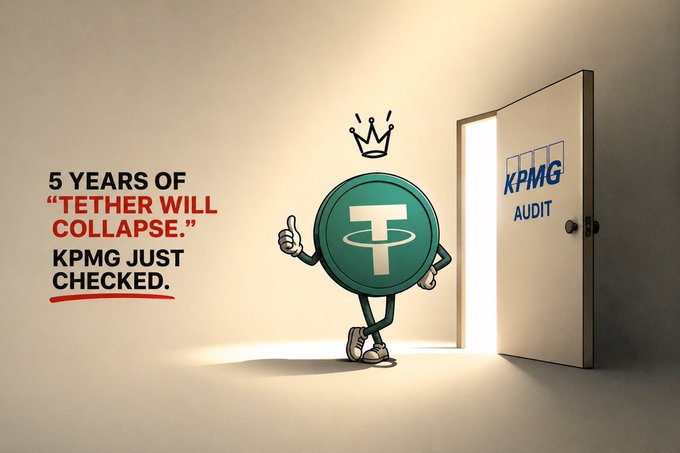 An illustrated Tether coin mascot wearing a crown gives a thumbs-up next to a door labeled "KPMG AUDIT," with text reading "5 YEARS OF 'TETHER WILL COLLAPSE.' KPMG JUST CHECKED." — visually celebrating Tether's successful completion of its first full KPMG audit, countering years of critics' claims that it would never withstand a Big Four audit.