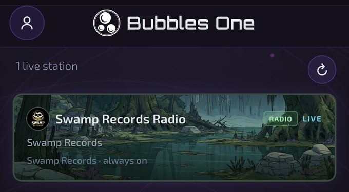 A dark-themed app interface shows the Bubbles One app with one live radio station, 'Swamp Records Radio' by Swamp Records, marked as live.