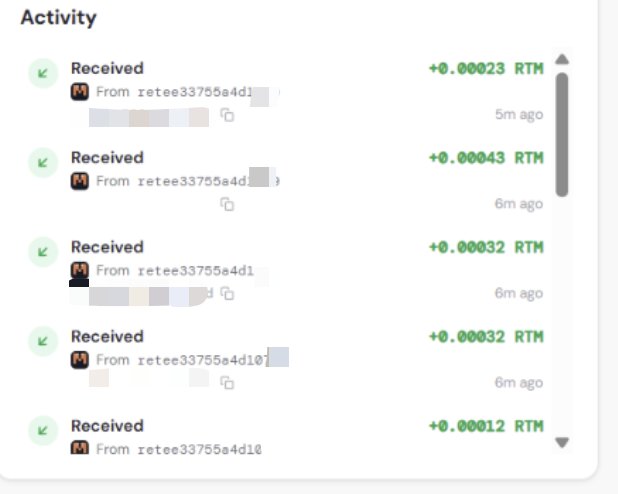 A cryptocurrency wallet activity feed showing five recent "Received" transactions of small amounts of RTM tokens (ranging from +0.00012 to +0.00043 RTM) from addresses starting with "retee33755a4d1..." within the last 6 minutes, illustrating proof that the Retium Testnet Faucet is actively distributing limited test tokens to users who claim them through wallet.retium.org.