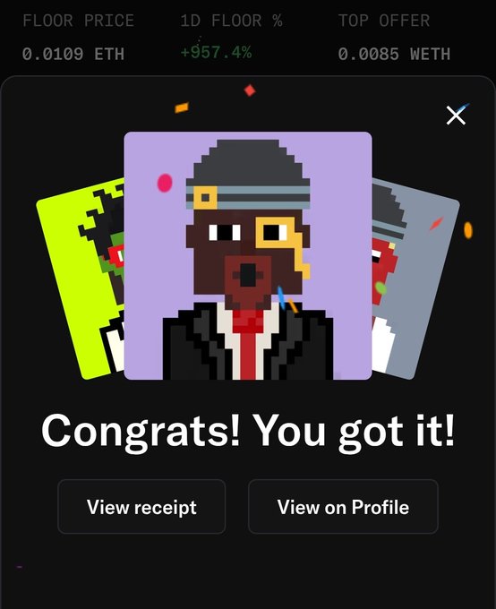 A screen shows a successful NFT purchase with the text 'Congrats! You got it!' over a pixel art avatar, with floor price '0.0109 ETH', 1D floor % '+957.4%', and top offer '0.0085 WETH'.