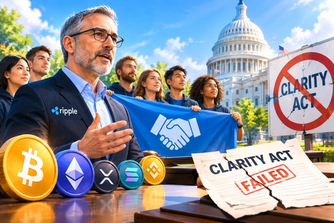 A political illustration featuring a man wearing a 'ripple' shirt at a podium with diverse supporters holding a handshake banner, with cryptocurrency logos (Bitcoin, Ethereum, XRP, Solana) in the foreground, the U.S. Capitol in the background, and signs reading 'CLARITY ACT' crossed out and stamped 'FAILED'
