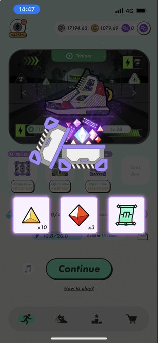A mobile game screenshot showing a reward screen with a treasure chest, gems, tickets, and item rewards (yellow x10, red x3) with a green Continue button.