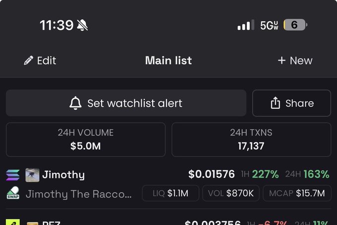 A mobile app screen titled 'Main list' displays a cryptocurrency watchlist, showing 'Jimothy The Raccoon' at $0.01576 with a 1H change of 227% and 24H change of 163%, alongside 24H volume of $5.0M and 17,137 transactions.