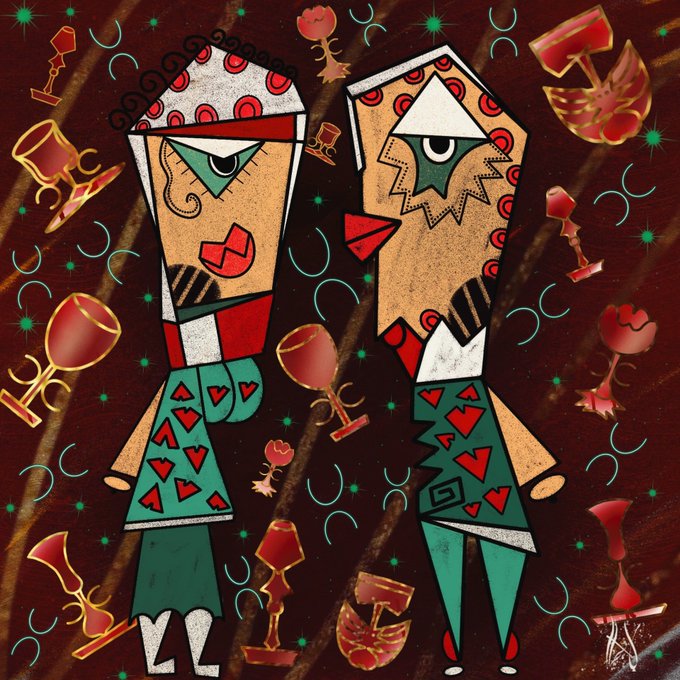 A colorful cubist-style painting depicting two stylized figures with geometric features, surrounded by floating wine glasses and goblets against a dark background.