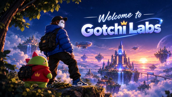 Promotional artwork for 'Welcome to Gotchi Labs' featuring a character with a backpack and a smaller green companion with a red hoodie standing on a cliff, overlooking a fantasy cityscape with floating islands and airships.