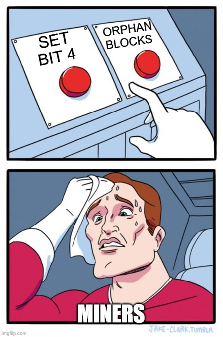 Two-panel meme showing a hand pressing 'SET BIT 4' and 'ORPHAN BLOCKS' buttons on a control panel, then a sweating nervous astronaut captioned 'MINERS'.