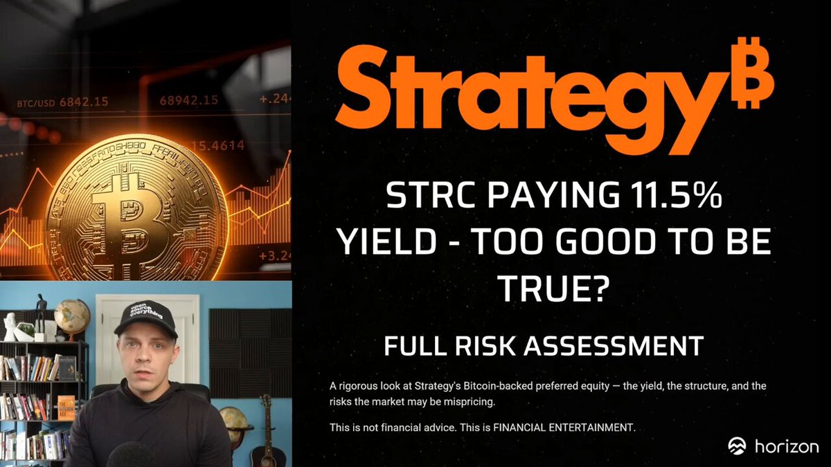 The image shows a man wearing a baseball cap sitting in front of two bookshelves filled with various books arranged horizontally across each shelf. The main focus of the image is an advertisement for a cryptocurrency called "StrategyB". In addition, there are several books on display behind the man and at the top-right corner of the image.
The advertisement displays a gold bitcoin symbol along with text that says "Strc paying 11.5% yield: too good to be true?". The phrase "full risk assessment" is also visible in the scene.
