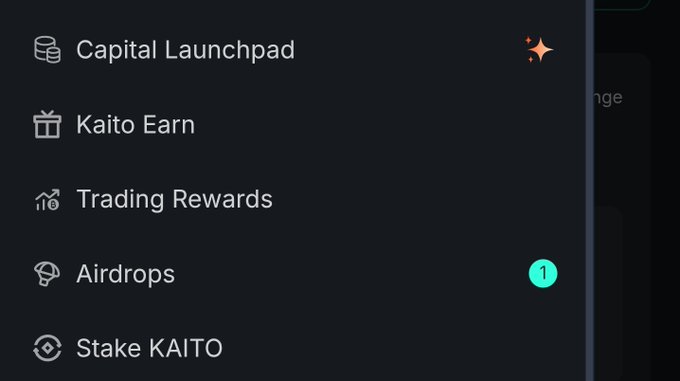 A screenshot of the Kaito platform's navigation menu showing options including Capital Launchpad, Kaito Earn, Trading Rewards, Airdrops (with a "1" notification badge), and Stake KAITO. The visible airdrop notification counter of "1" playfully reinforces the post's sentiment about the diminishing excitement over Kaito airdrop alerts.