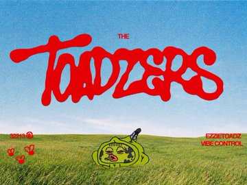 The image shows a stylized logo for "THE TOADZERS" in large red graffiti-style text against a blue sky over a grassy field, with "RADIO" and "PODCAST" labels flanking a green cartoon toad character in the foreground. The design visually represents the early-stage branding for the TOADZERS radio/podcast project by @eazystyler, with the bold typography and whimsical mascot capturing the playful, underground aesthetic referenced in the post.