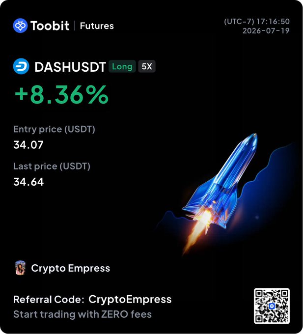 A screenshot from the Toobit Futures trading app showing a long 5X position on DASHUSDT with an +8.36% gain, an entry price of 34.07, and a referral code for 'Crypto Empress'.