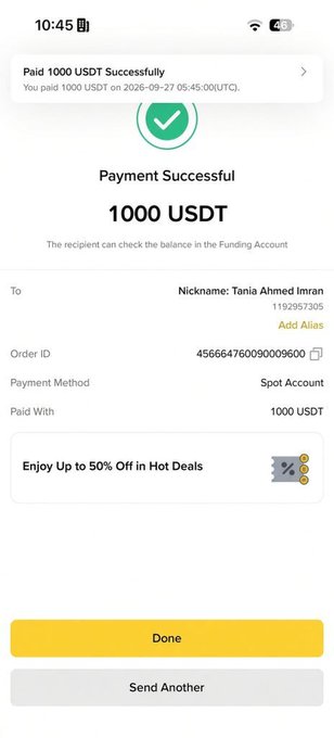 A mobile payment confirmation screen shows a successful transfer of 1000 USDT via Spot Account to the nickname 'Tania Ahmed Imran', dated 2026-09-27.