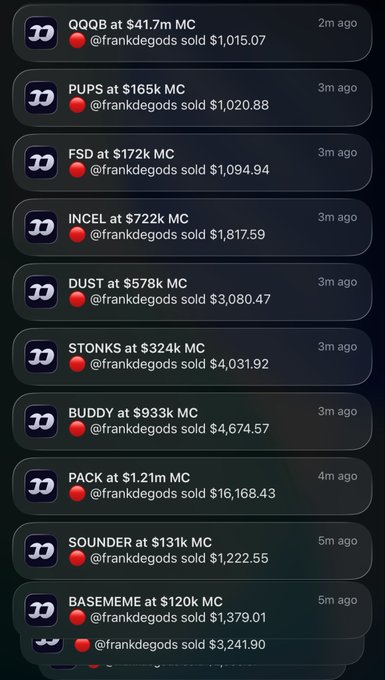 A mobile screenshot showing a list of rapid memecoin sell transactions by @frankdegods, with tickers like QQQB, PUPS, FSD, INCEL, DUST, STONKS, BUDDY, PACK ($16,168.43), SOUNDER, and BASEMEME, all occurring within minutes of each other. The accompanying caption humorously suggests this is a chaotic, panic-selling night where the user jokingly tells people to put their phone in uncomfortable places and let @frankdegods rapidly click sell, perfectly matching the image's rapid-fire dump transactions across various memecoins.
