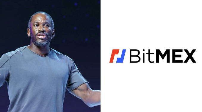 Left side shows a man speaking on stage, and the right side displays the "BitMEX" logo. The image is likely related to the lawsuit against BitMEX founders due to allegations of a secret trading desk and a significant drop in the $BMEX token.