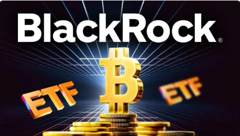 A promotional graphic featuring the text 'BlackRock' at the top, with a stack of gold Bitcoin coins in the center and 'ETF' text displayed on both sides against a retro grid background.