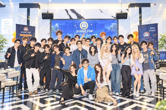 A large group of friends and crypto community members pose together at a "SCHOOL FUN" themed event in Chengdu, with banners reading "Good People Become Bad Enemies" and "BACK TO SCHOOL" visible in the venue, capturing the warm, familiar atmosphere of old and new acquaintances reuniting at the gathering.