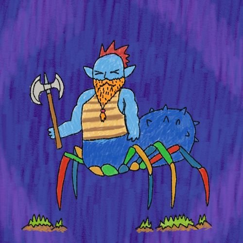 A child-like crayon drawing depicts a blue-skinned warrior with a red mohawk and orange beard, wearing a striped shirt, holding a battle axe, and riding a spiky blue spider-like creature on a purple backdrop.