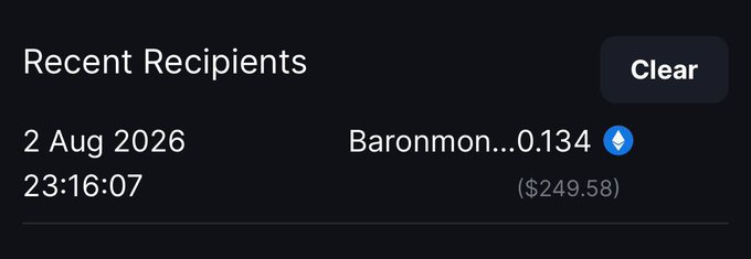 A screenshot showing a "Recent Recipients" transaction history displaying a $249.58 payment sent to Baronmon...0.134 on 2 Aug 2026 at 23:16:07, with a "Clear" button in the top right, visually confirming the $250 MetaWin payout mentioned in the congratulatory post.