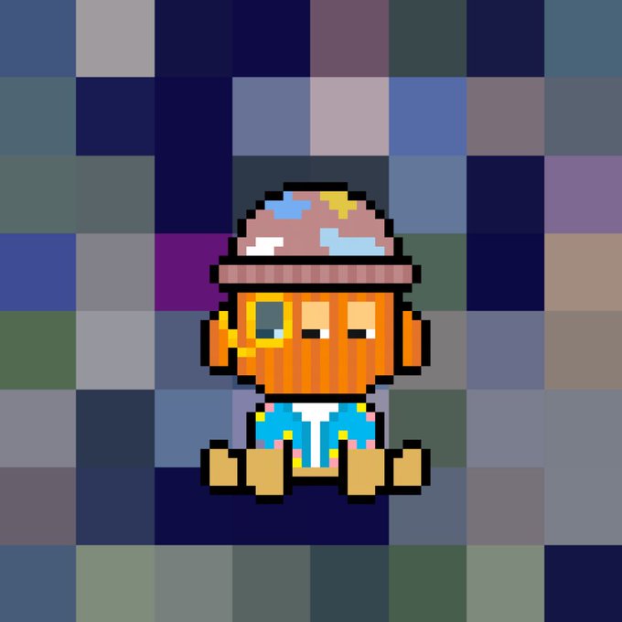 A pixel art character with an orange striped body, blue shirt, and a hat filled with colorful candies, sitting against a background of blurred blue and purple squares.