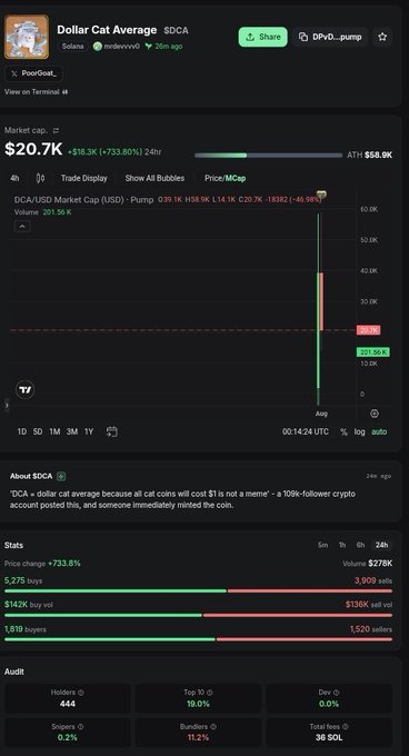 A crypto trading terminal screenshot for 'Dollar Cat Average' ($DCA) on Solana shows a +733.85% price increase, a market cap of $20.7K, and notes the concept that all cat coins cost $1.