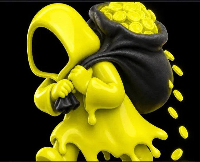 A 3D rendering of a yellow character shaped like a crescent moon carrying a black sack overflowing with gold coins on a black background.