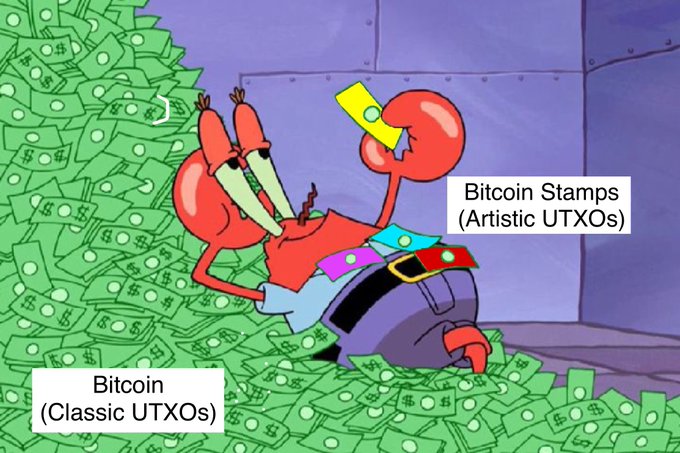 A SpongeBob-style cartoon crab lounges on a pile of green money labeled 'Bitcoin (Classic UTXOs)' while holding up a yellow stamp labeled 'Bitcoin Stamps (Artistic UTXOs).'