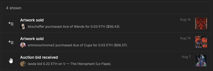 A screenshot of an NFT activity feed showing transactions including 'Artwork sold' by bkschaffer purchasing Ace of Wands for 0.03 ETH ($56.43), and artmonochrome2 purchasing Ace of Cups for 0.03 ETH ($56.37), both on Aug 14.