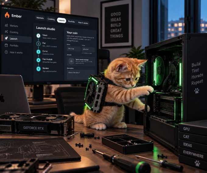 A ginger kitten wearing a green-lit computer hardware harness (GPU) reaching into an open PC tower case with green lighting, surrounded by tools and a GeForce RTX graphics card on a desk, with an 'Ember' launch studio interface visible on a monitor.