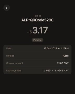 A mobile payment confirmation screen showing a pending transaction of $3.17 paid to 'ALP*QRCode5290' via Card, with an exchange rate of 1 USD = 6.6246 CNY.