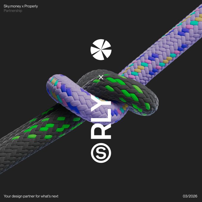 A promotional graphic titled 'Skymoney x Properly Partnership' featuring a purple braided cord and a black and green cord knotted together with the Properly logo.