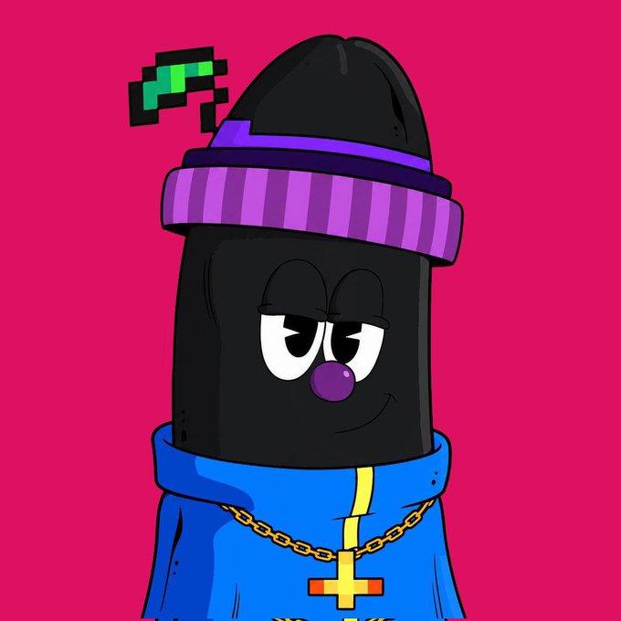 A cartoon illustration of a character with a dark cylindrical head, wearing a purple and black beanie, a blue hoodie, a gold chain with a cross, set against a magenta background.