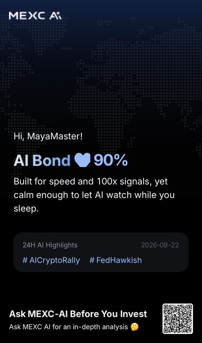 A MEXC app promotional screen greeting 'MayaMaster' with an 'AI Bond 90%' message, 24H AI Highlights from 2026-09-22 including #AICryptoRally and #FedHawkish, and a QR code to 'Ask MEXC-AI Before You Invest.'