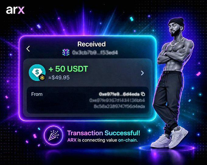 A digital cryptocurrency transaction interface from "arx" showing a successful receipt of "+50 USDT" (~$49.95) with the text "Transaction Successful! ARX is connecting value on-chain," alongside an illustrated character.
