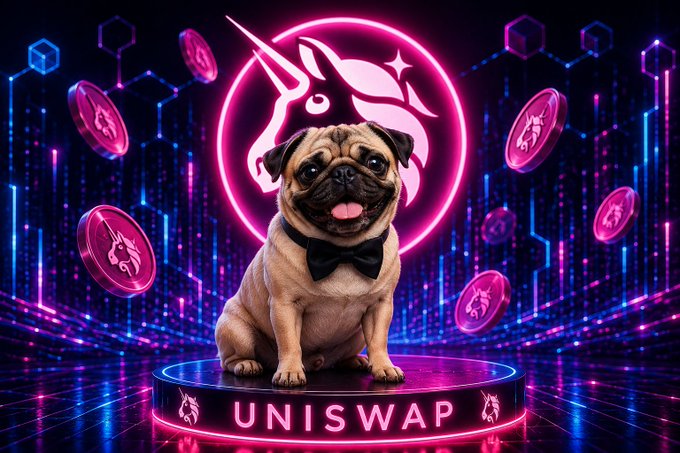 The image features a cute brown pug dog sitting on top of a platform, wearing a bow tie. The background of the image is dark blue with neon pink lines, giving it a futuristic appearance. There are also coins scattered around the scene, adding to the overall ambiance. The caption for this image reads: "Uniswap is back. BowTieDog pool just recreated on @Uniswap on @Base The loyal dog was waiting. He never left."