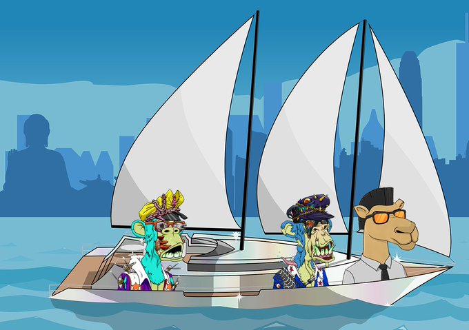 A cartoon illustration shows three Bored Ape Yacht Club-style NFT characters sailing on a catamaran with large white sails against a city skyline.