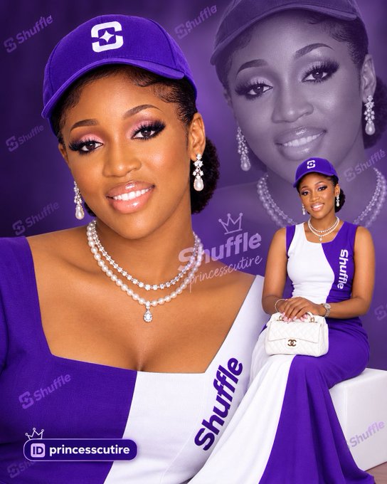 A digital portrait of a woman wearing a purple cap with a 'S' logo, pearl jewelry, and a purple and white outfit with 'Shuffle' branding, set against a purple background with 'Shuffle princesscuture' watermarks.