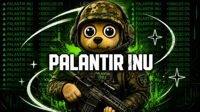 A meme-style graphic featuring a teddy bear dressed in military gear with the text 'PALANTIR INU' displayed prominently, set against a green background with stock ticker numbers.