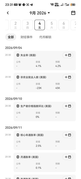 A mobile calendar app in Chinese showing September 2026 economics events including US unemployment rate (4.1% prior), non-farm payrolls (-23K prior), and core inflation (2.5% prior).