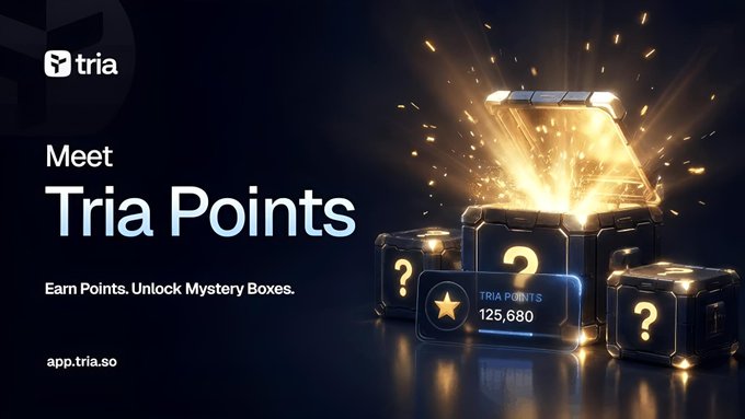 The image features a poster for Tria Points that showcases a gold box with a question mark inside of it. The text on the poster reads "gTria fam Most Web3 campaigns still feel like chores follow this click that collect points for doing nothing meaningful spending with the card, trading in-app, staying engaged". This suggests that the image is promoting Tria Points and how they can be earned by participating in certain activities or using specific apps.
