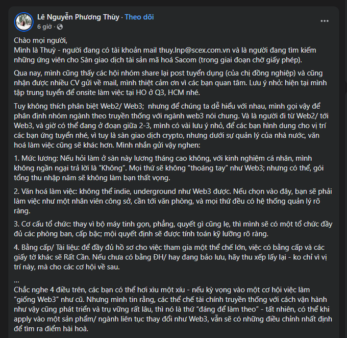 The image features a screenshot of text written by someone, with their own name included as one of the lines of text. The post seems to be about Web3 and its connection to Facebook. The content appears to be in Vietnamese, which is further supported by the use of a foreign symbol at the top left corner of the screen, possibly related to Facebook's logo or name.