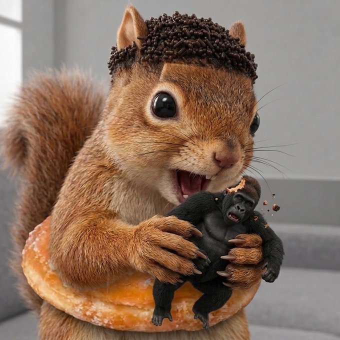 A surreal AI-generated image of a cute squirrel holding a baby gorilla, both standing on a large doughnut.