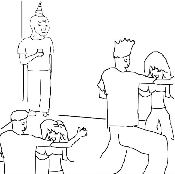 The image depicts a group of people gathered around each other, with one person holding a drink while another person dances. The scene appears to be a party or social gathering where everyone seems to be enjoying themselves. The drawing style is cartoon-like, which adds a playful and lighthearted atmosphere to the scene.