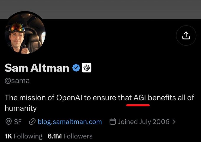Sam Altman's profile (@sama) on X platform, with a bio reading 'The mission of OpenAI to ensure that AGI benefits all of humanity' and 6.1M followers.