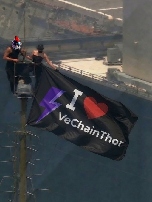 Two people stand at the top of a structure near a body of water, unfurling a black flag that reads "I ♥ VeChainThor" with a purple logo, aligning with the post's reference to VeChainThor.