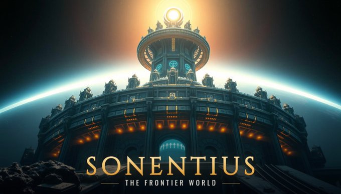 A colossal futuristic fortress rises from rocky terrain against a glowing horizon, crowned by a radiant sun-like orb atop its central spire. The text "SONENTIUS — THE FRONTIER WORLD" is displayed in bold gold lettering, visually evoking the grand, community-driven campaign to "raise the SkyScape" mentioned in the post.