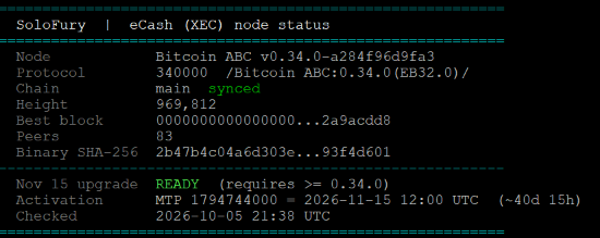 A terminal screenshot showing 'SoloEury | eCash (XEC) node status' with details including Bitcoin ABC protocol, height 969812, and 83 peers.