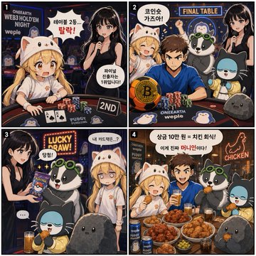 The image is a four-panel illustrated comic in a cute chibi anime style showing a Web3-themed Hold'em poker night event hosted by Weple, featuring characters in animal onesies (including the Fizzy Penguin mascot) gathered around a poker table with a "FINAL TABLE" banner, a "LUCKY DRAW," and a "CHICKEN" celebratory spread with fried chicken and beer.