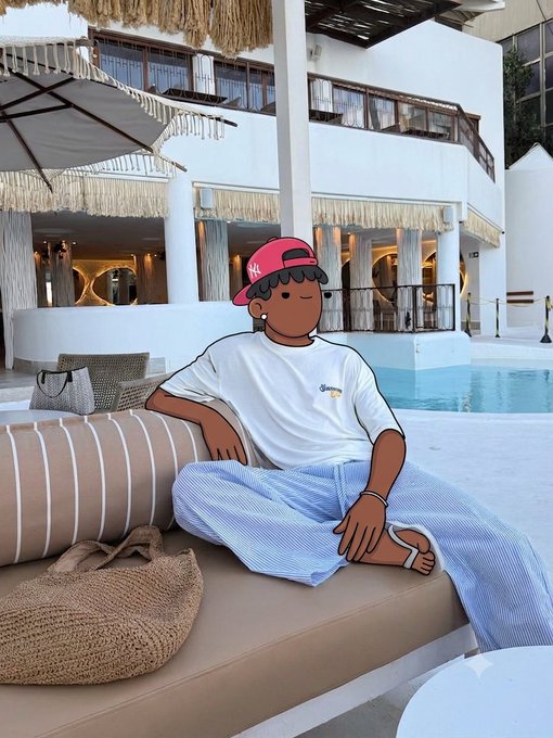 A cartoon-augmented photo of a person sitting poolside at a resort, with the character wearing a red baseball cap, white shirt, and light blue pants.