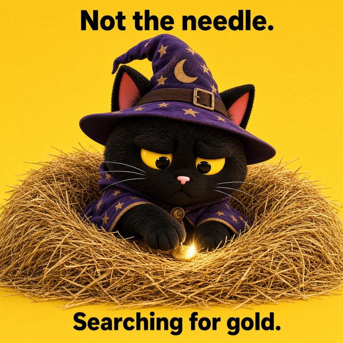 A graphic of a black cat dressed as a wizard sitting in hay with the text "Not the needle." at the top and "Searching for gold." at the bottom.