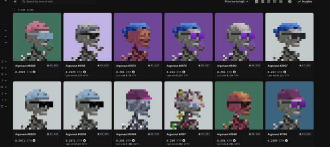 A grid of pixel art CryptoPunks for sale on what appears to be a marketplace, with items like 'Argonaut #6685' and 'Argonaut #8558' listed at various ETH prices.