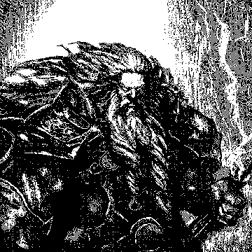 A dark, heavily stylized black-and-white illustration depicts a bearded warrior figure with a long braided beard and weathered armor, fitting the "5000 warriors" theme of the Nyxbound NFT mint. The gritty, ominous artwork visually reinforces the curse-breaking quest narrative tied to the $NYX token rewards described in the post.